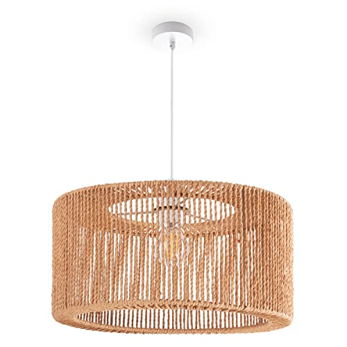 Paco Home Hängelampe Bambus Wohnzimmer Pendelleuchte Rattan Esstisch Esszimmer Lampe E27 Hängeleuchte Papier Boho, Farbe:Natur (Ø40cm), Leuchtenart___Farbe:Pendelleuchte - Weiß