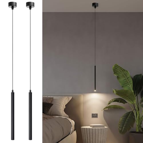 ACMHNC LED Pendelleuchte, 2 Stück Zylinder Hängelampe Schwarz für Wohnzimmer Nachttisch Esszimmer, Moderne Deckenlampe Pendellampe Höhenverstellbar, Warmweiß,Hängeleuchte Schlafzimmer, 30cm