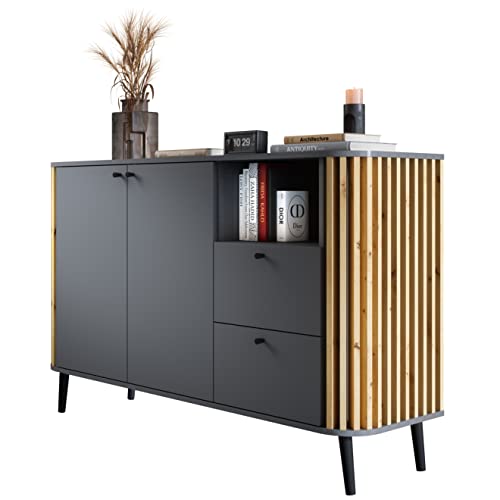 Newroom Sideboard Wildeiche mit Paneele in Grau/Anthrazit Sideboard Modern Elegant - 138x88x40 cm (BxHxT) - Highboard Anrichte - [Zak.Two] Wohnzimmer Schlafzimmer Flur Esszimmer