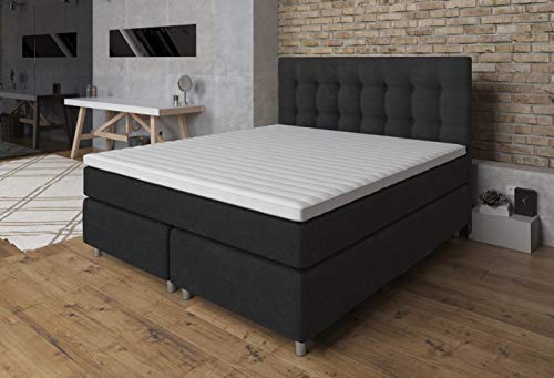 Tesla Dreams Boxspringbett 180x200 Ronda, 7 Zonen Taschenfederkern-Matratze H2/H3, Topper Komfortschaum, Unterbau Taschenfederkern, Anthrazit