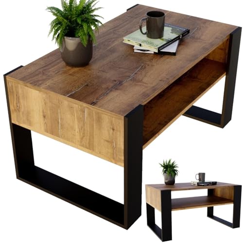 CraftPAK Wohnzimmer Tisch für Couch aus hochwertigem Holzwerkstoff, moderner Couchtisch mit zusätzlicher Ablagefläche, Sofatisch für Wohnzimmer, Farbe Retro-Schwarz