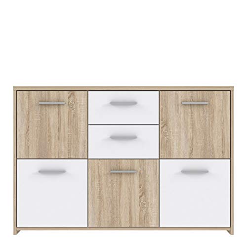 FORTE Quadro Kommode mit 5 Türen und 2 Schubladen, Holzwerkstoff, Sonoma Eiche / Weiß, 113.9 x 77.5 x 29.6 cm