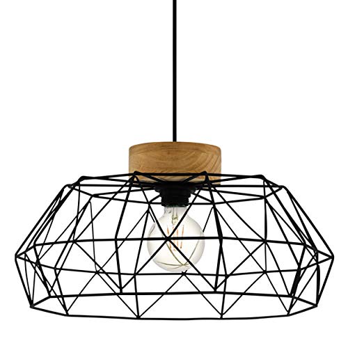 EGLO Pendelleuchte Padstow, 1 flammige Hängelampe Vintage, Industrial, Retro, Hängeleuchte aus Stahl und Holz in Schwarz, Natur, Esstischlampe, Wohnzimmerlampe hängend mit E27 Fassung