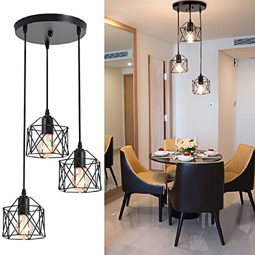 Depuley Hängelampe Vintage 3 Flammige LED, Retro Pendelleuchte mit E27 Fassung Schwarz, Hängeleuchte Industrial Design, Verstellbare Pendellampe für Esszimmer, Schlafzimmer, Glühbirne nicht enthalten