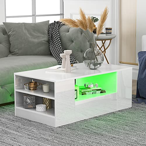 JOROBURO LED-Couchtisch, moderner Hochglanz-Couchtisch mit bunter Lampe und Schublade, stilvolle Wohnzimmermöbel (weiß)