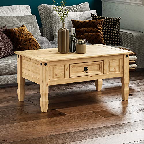 Amazon Basics Rechteckig TBC Corona Couchtisch mit Schublade, Distressed Waxed Pine, 56 x 94 x 45 cm, Massivholz, Kiefer (Früher Movian)