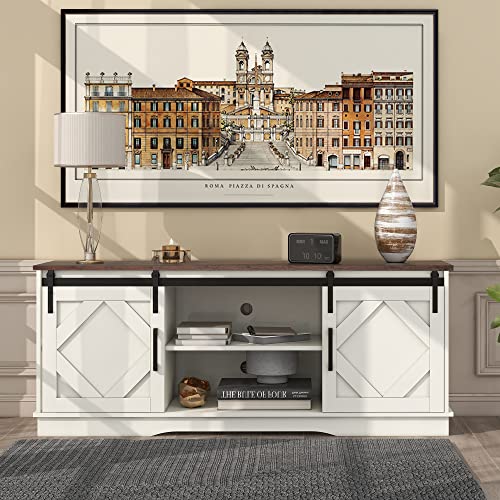 Merax Sideboard Küchenschrank, Industrial Design TV-Ständer Aufbewahrungsschrank mit 2 Schiebetüren und Verstellbare Ablage, Landhausstil Beistellschrank für Wohnzimmer, Esszimmer, Weiss & Braun