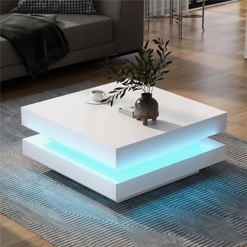 Midore Quadrat Couchtisch Weiß Hochglanz, Couchtisch Mit Stauraum, Couchtisch Modern Mit 16-Farbiger Led-Beleuchtung Und Fernbedienung Maximale TragfäHigkeit 50 Kg Abmessungen Betragen 70x70x36 cm