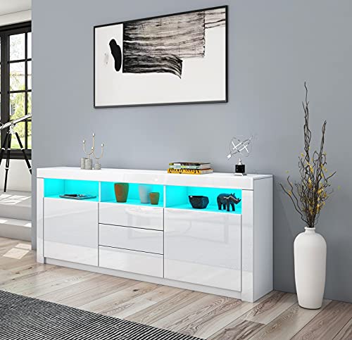 Senvoziii Sideboard Hochglanz Matt Anrichte Schrank mit 2 Türen 3 Schubladen & LED Beleuchtung TV Lowboard Für Esszimmer Wohnzimmer Möbel Weiß