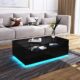 Couchtisch mit LED-Lichtern, Couchtisch mit Stauraum, Schwarz Glänzender Couchtisch für Wohnzimmer, Rechteckiger Mitteltisch mit 4 Schubladen und 2 Offenen Regalen, Heimbüro-Möbel