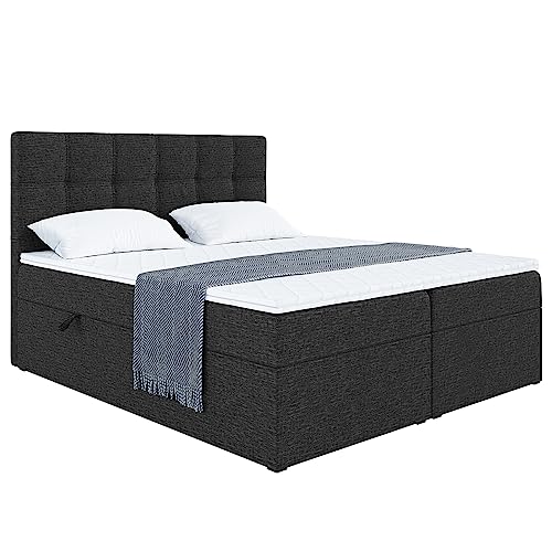 MEBLINI Boxspringbett mit Bettkasten - Gepolstert Doppelbett mit Matratze und Topper - Polsterbett mit Stauraum - Bett mit Kopfteil - Stauraumbett - NILS - 180x200 - H3/Schwarz Webstoff