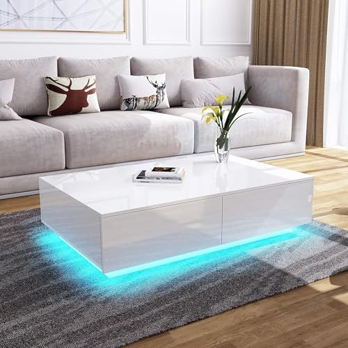 Couchtisch, Couchtisch mit Stauraum, Weiß Glänzender Couchtisch mit LED-Leuchten für Wohnzimmer, Rechteckiger Mitteltisch mit 4 Schubladen, Home-Office-Möbel, 95 x 60 x 31 cm