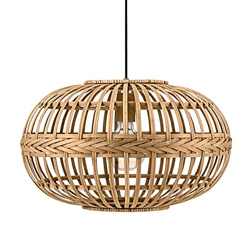 EGLO Pendelleuchte Amsfield, Boho Hängelampe Esstisch, Esszimmerlampe aus Metall und Holz in Natur, Hängeleuchte für Wohnzimmer und Esszimmer, E27, Ø 38 cm