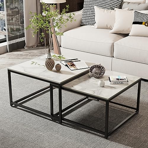 FATIVO Couchtisch Marmor Set Weiß: 2er Set Satztisch Abstelltisch Skandinavisch Beistelltisch Set für Wohnzimmer Groß:65×65×40 cm Klein:60×60×34 cm