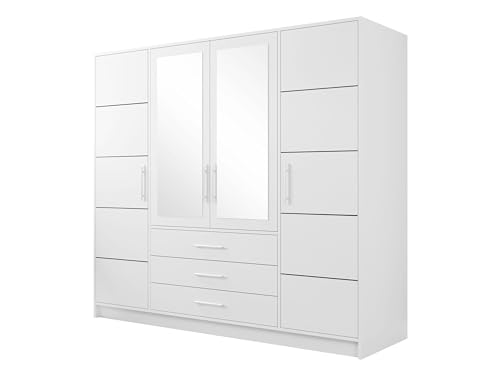 Drehtürenschrank Bado 4D, Kleiderschrank mit Spiegel, Schubladen und Spiegeltüren, Elegantes Schlafzimmer Schrank, Jugendzimmer (Weiß)