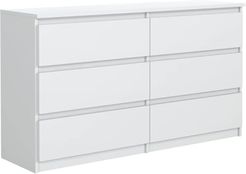 Tesconcept Kommode mit 6 Schubladen 140cm Weiß Matt, Sideboard Schrank, Mehrzweckschrank Regal Wohnzimmer Schlafzimmer Möbel | 140x77x33cm | Spanplatte Plattenstärke 16mm4