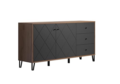 trendteam smart living - Montez - Sideboard - Grau/Eiche - Highboard mit 2 Türen und 3 Schubladen - Fronten mit dekorativer Fräsung - (BxHxT) 183 x 76 x 40 cm - mit extravaganten Metallfüßen