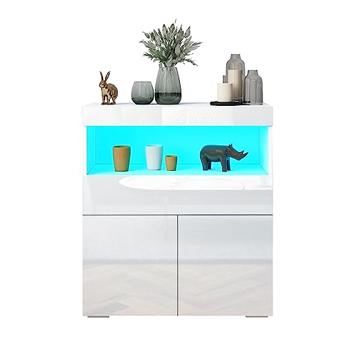 Ikewaier Sideboard für Wohnzimmer, Hochglanz Weiß TV-Schrank mit 1 Schublade und 2 Türen, mit LED-Licht, Wohnzimmerschrank