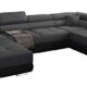 Ecksofa Miami U mit Schlaffunktion, Eckcouch mit Bettkasten, mit bettfunktion, Freistehendes Schlafsofa, 338 x 203 cm (Dunkelgrau + Schwarzer Kunstleder -EKO)