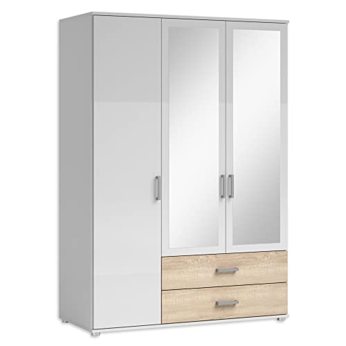 Stella Trading Kleiderschrank mit Spiegeln und Schubladen - Vielseitiger Drehtürenschrank 3-türig in Weiß, Eiche Sonoma Optik - 125 x 190 x 51 cm (B/H/T)