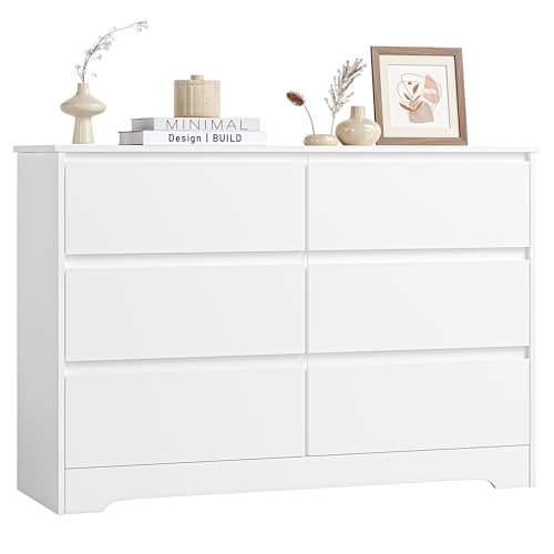 FOREHILL 120cm Kommode mit 6 Schubladen, Sideboard Komodenschrank weiß, für Schlafzimmer Wohnzimmer Flur