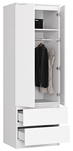 BDW Kleiderschrank mit 2 Türen, 2-türiger Kleiderschrank, 2 Schubladen - Aufbewahrungsschrank - Moderner Schrank für Schlafzimmer, Wohnzimmer, Flur, Kinderzimmer - 180x60x51cm - Weiß