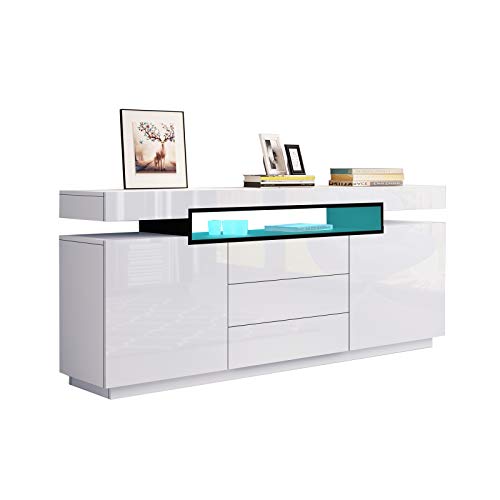 Generisch Sideboard Hochglanz LED Sideboard Schrank Aufbewahrungsschrank mit 2 Türen und 3 Schubladen Modern Wohnzimmer Schlafzimmer Möbel 160x72x35cm (Weiß), SD05-WHBK