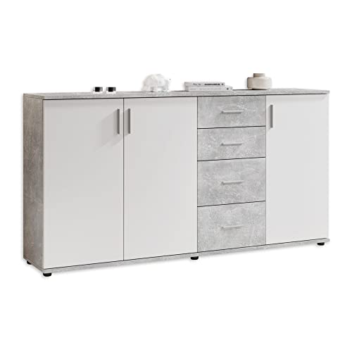 Stella Trading BOBBY Kommode in Beton-Optik, Weiß - Modernes Sideboard mit viel Stauraum für Ihren Wohnbereich - 160 x 82 x 35 cm (B/H/T)