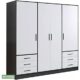 FORTE Jupiter Schrank 200 210, Kleiderschrank, Drehtürenschrank, 4-türig, mit 6 Schubladen und Einlegeböden, Schwarz Weiß, 206.5 cm breit x 60 cm tief x 200 cm hoch