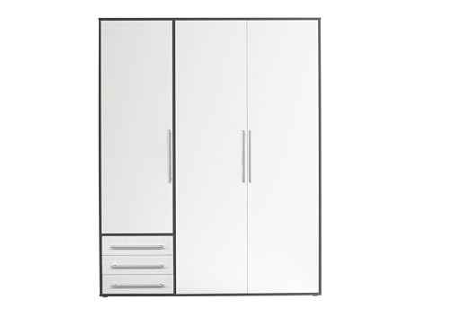 Stella Trading LYSS Kleiderschrank weiß mit Schubladen - Vielseitiger Schlafzimmerschrank 3-türig in Weiß, Graphitfarben - 155x 194 x 58 cm (B/H/T)