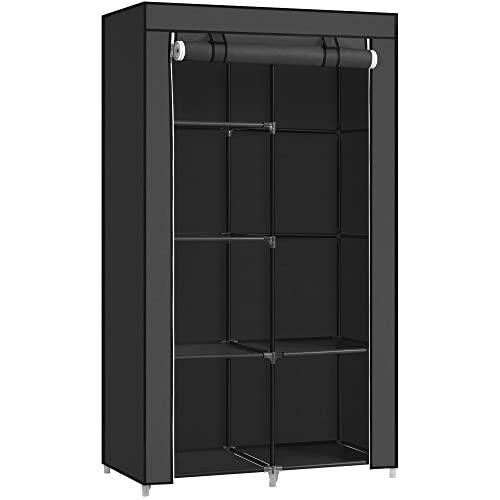 SONGMICS Kleiderschrank, Stoffschrank, 6 Ablagen, Verschiedene Aufbaumöglichkeiten, 88 x 45 x 168 cm, für Schlafzimmer, Ankleidezimmer, schwarz RYG84H