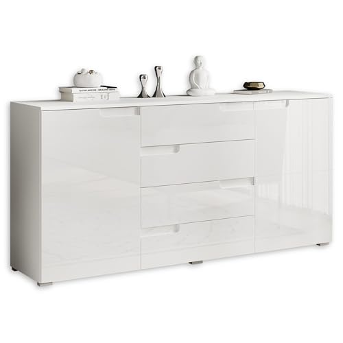 Stella Trading SPICE Sideboard in Hochglanz Weiß - Moderne Kommode mit viel Stauraum für Ihren Wohnbereich - 165 x 80 x 40 cm (B/H/T)