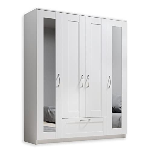 SALIAS Kleiderschrank mit Spiegeltür Weiß - Vielseitiger Drehtürenschrank 4-türig für Ihr Schlafzimmer - 157 x 191 x 51 cm (B/H/T)