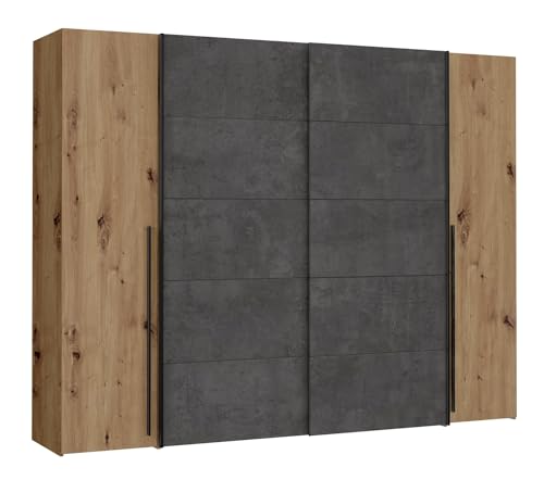 Forte Narago Schrank 270, Kleiderschrank, Schwebetürenschrank mit Drehtüren, Holzdekor Artisan Eiche kombiniert mit Grau, 270,3 cm breit x 210,5 cm hoch x 61,2 cm tief