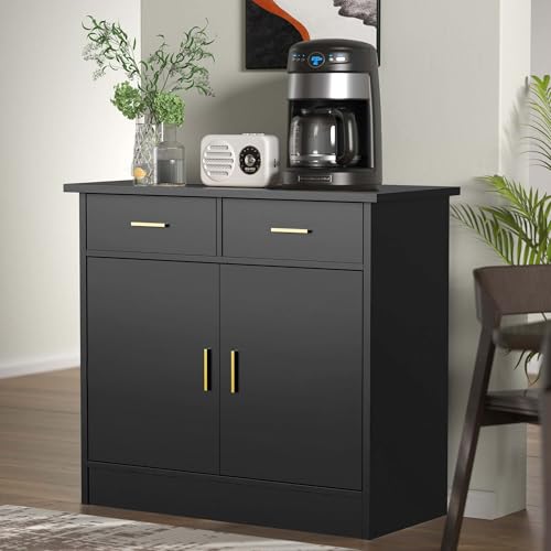 Cozy Castle Küchenschrank, Buffetschrank Kitchen Cabinet Sideboard für Wohnzimmer Esszimmer mit 2 Türen und Schubladen (Schwarz)