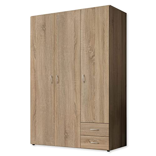 Stella Trading BASE Zeitloser Kleiderschrank in drei verschiedenen Größen - Vielseitiger Drehtürenschrank in Eiche Sonoma Optik - 120 x 177 x 52 cm (B/H/T)