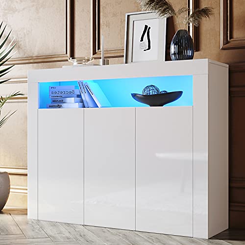 SONNI Sideboard Kommode Weiss Hochglanz mit LED(12 Farben können eingestellt Werden) 3 Türen Schrank Komodenschrank Sideboard für Küche Esszimmer Wohnzimmer B116xH93xT35cm