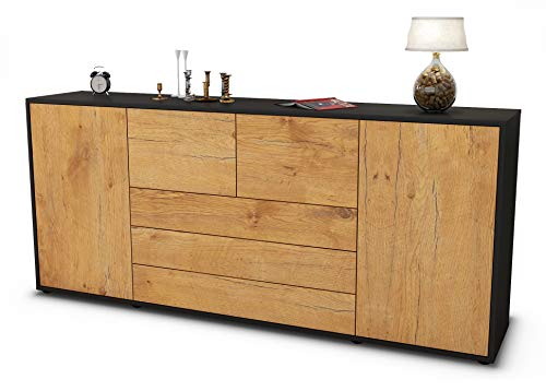 Stil.Zeit Sideboard Eliana, Korpus anthrazit matt, Front Holz-Design Eiche (180x79x35cm) Push-to-Open Technik & Leichtlaufschienen