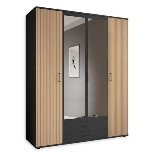 LAURIE Kleiderschrank mit Spiegeltüren - Vielseitiger Drehtürenschrank 4-türig in Graphit, Eiche Optik - 159 x 196 x 53,5 cm (B/H/T)