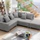 Kuechen-preisbombe Wohnlandschaft Sofa Couch Ecksofa Eckcouch Gewebestoff hellgrau + Hocker Minsk R