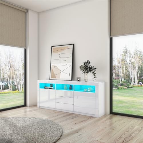 Generic Sideboard für Wohnzimmer 2 Türen 3 Schubladen Weiß Hochglanz TV Schrank Einheit für Schlafzimmer Esszimmer Lagerung Möbel 160 x 35 x 72cm(LxBxH)