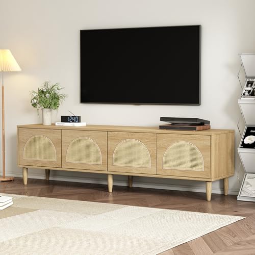 Merax Lowboard TV Board, Moderner TV Schrank mit 4 Rattan-Türen, Höhenverstellbarem Regal, Fernsehschrank für Wohnzimmer Esszimmer, Wohnzimmermöbel, Kabelmanagement, Landhausstil, 180x40x51cm, Eiche