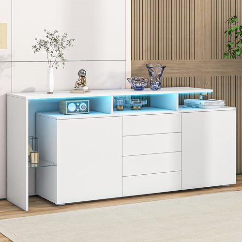 Ymkua Sideboard, Buffetschrank, Kommode mit 2 Türen und 4 Schubladen, Wohnzimmerschrank, Standschrank, TV-Schrank, Wohnzimmerwand, LED-Vitrine, Buffetschrank Esszimmer, 140x40x70 cm (White)