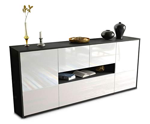 Stil.Zeit Sideboard Olaf, Korpus anthrazit matt, Front Hochglanz Weiß (180x79x35cm) Push-to-Open Technik & Leichtlaufschienen