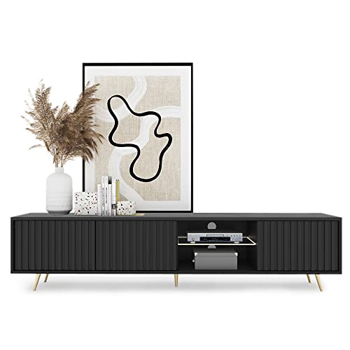 Selsey TV Schrank Board Sideboard Fernsehtisch Fernsehschrank Mit Lamellen Und LED Beleuchtung 175 cm Goldene Beine Schwarz Bello