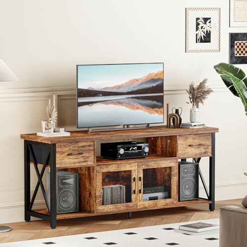 TV Schrank, TV Board im Industriestil,140cm Fernsehtisch mit Zwei Schränken, Fernsehschrank für 45/50/55 Zoll Fernseher, Lowboards aus Holz für Wohnzimmer, Esszimmer, und Schlafzimmer