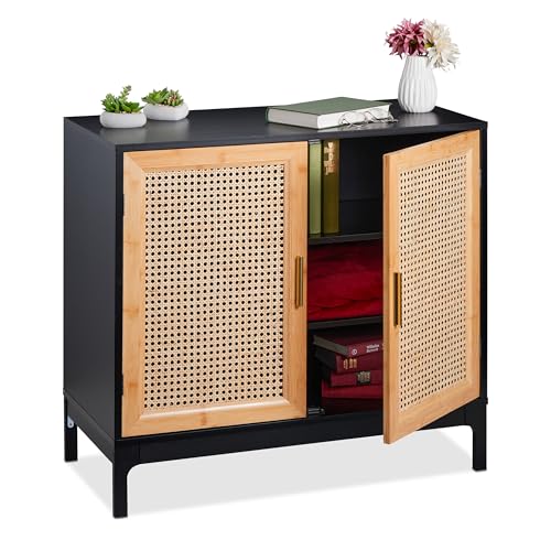 Relaxdays Sideboard mit Rattan-Geflecht, HxBxT: 76x80x39 cm, Kommode Wohnzimmer, 2 Türen, MDF & Bambus, schwarz/Natur