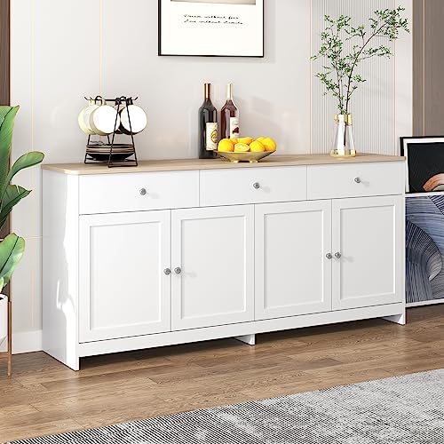 Kehun Sideboard Weiss für Wohnzimmer und Esszimmer, Kommode Schrank Buffetschrank 160x37x75 cm mit 4 Türen und 3 Stauraum Schubladen, Natur & Weiß