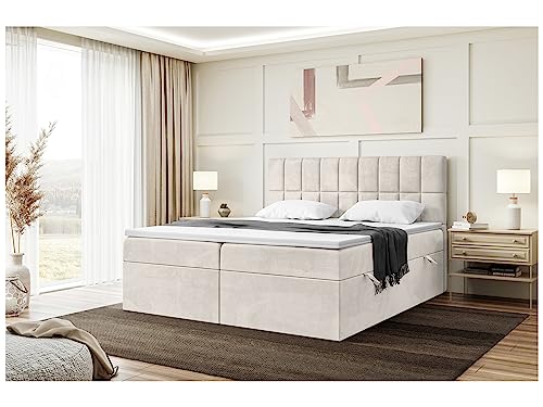 MEBLINI Boxspringbett mit Bettkasten - Gepolstert Doppelbett mit Matratze und Topper - Polsterbett mit Stauraum - Bett mit Kopfteil - Stauraumbett - Lukas - 180x200 - H3/Beige Samt