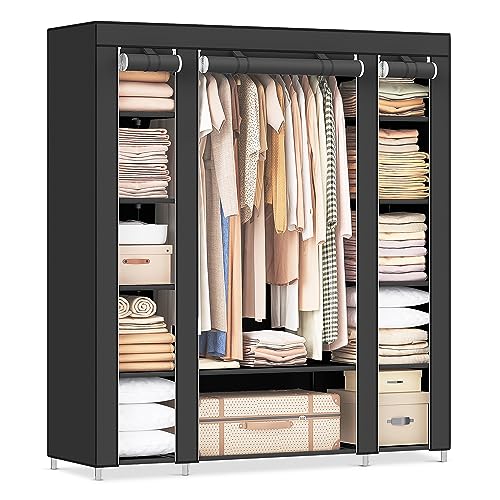 SONGMICS Kleiderschrank, Stoffschrank, mit Kleiderstange und Ablagen, Soffüberzug, für Schlafzimmer, Ankleidezimmer, 150 x 45 x 175 cm, schwarz LSF03H